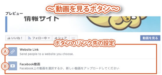 FacebookページのCTAボタンの種類7：動画を見る｜「動画を見るボタン」のリンク先の設定画面