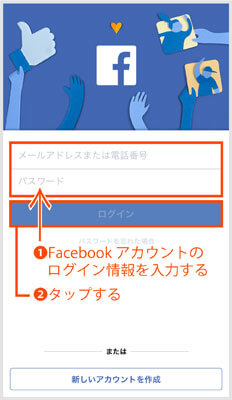インスタグラム登録手順（Facebookアカウント）｜Facebookアプリのログイン画面